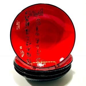 Kafuh Black Characters Red Pasta Bowls Set of 4 Asian Table Dishes Japan